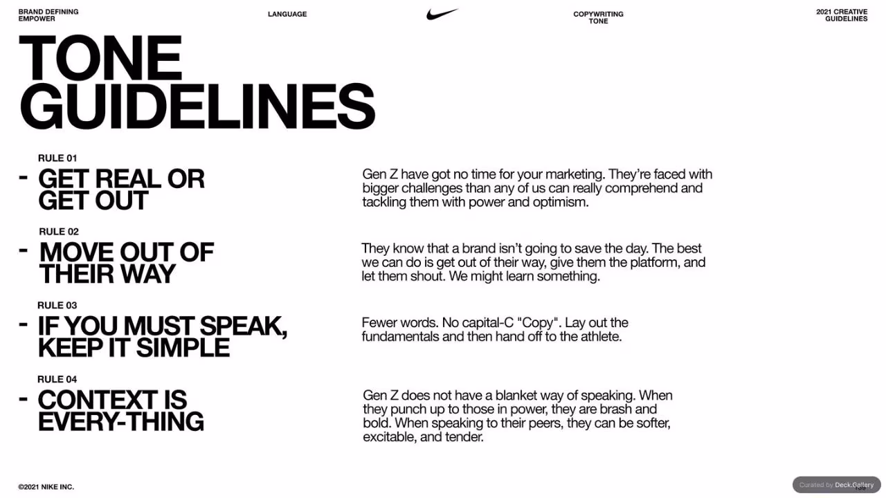 Nike Empower Creative Guidelines 2021, slide 139