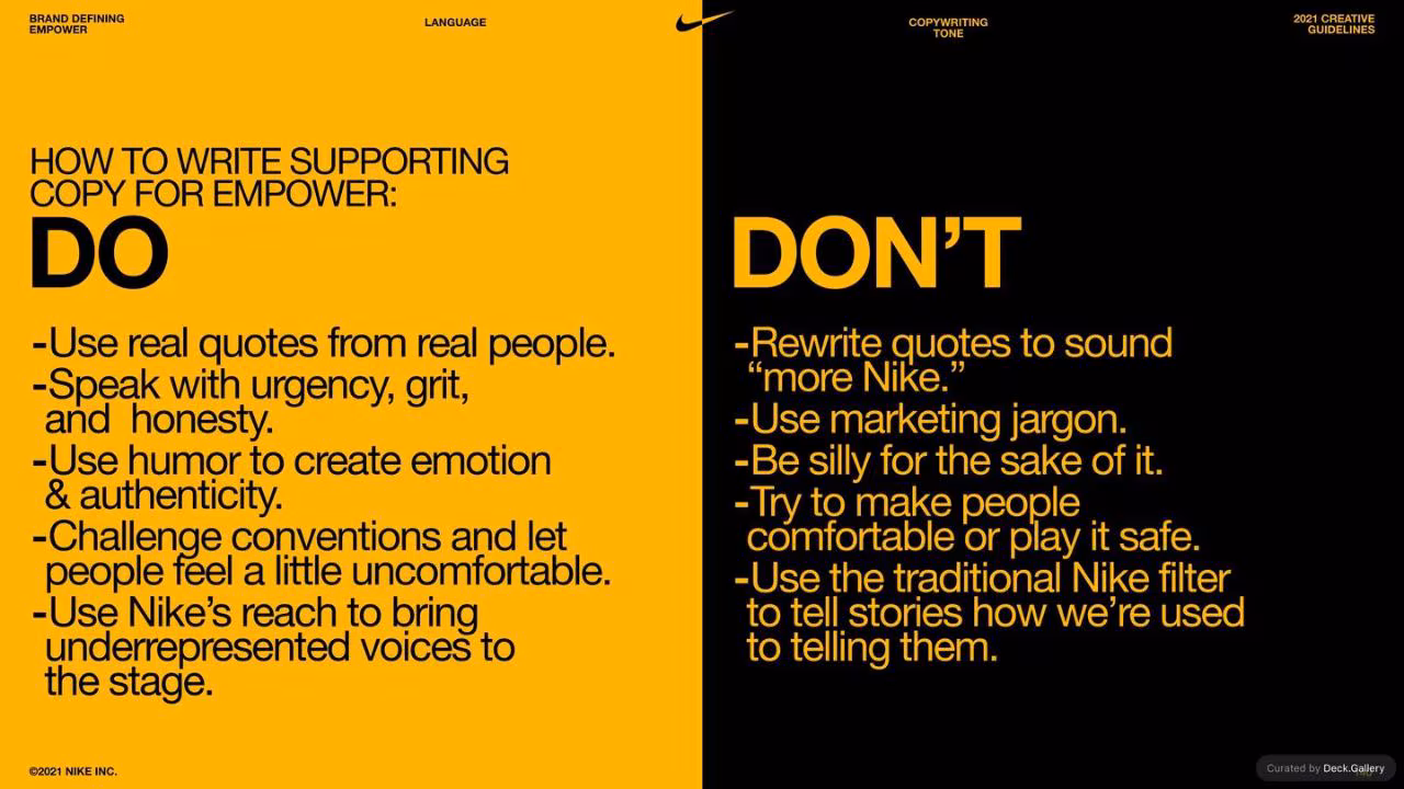 Nike Empower Creative Guidelines 2021, slide 140
