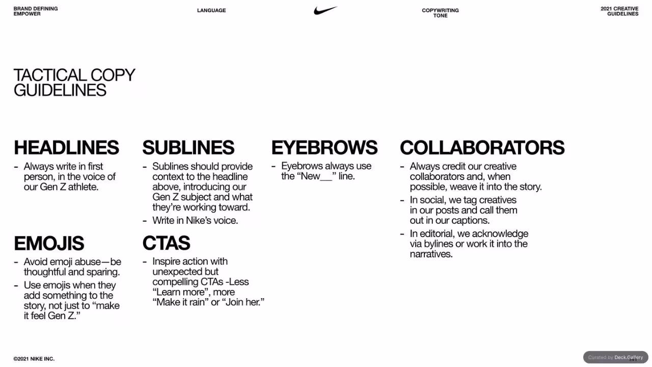 Nike Empower Creative Guidelines 2021, slide 141
