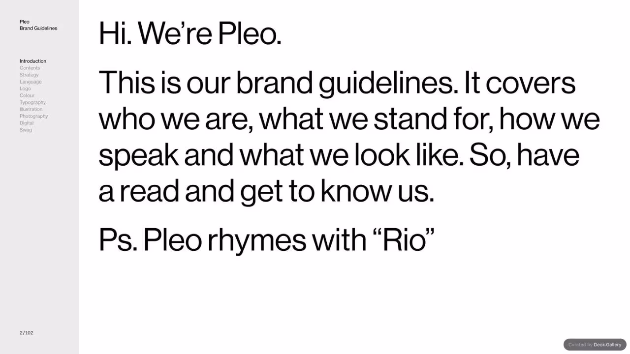 Pleo Brand Guidelines 2020, slide 2