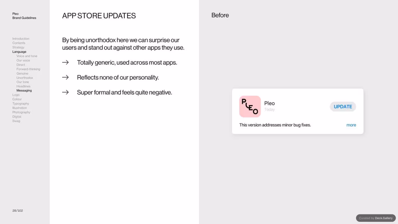 Pleo Brand Guidelines 2020, slide 28