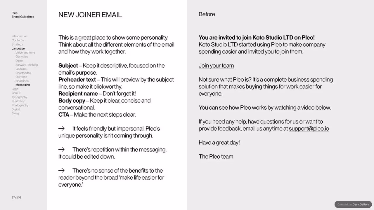 Pleo Brand Guidelines 2020, slide 37