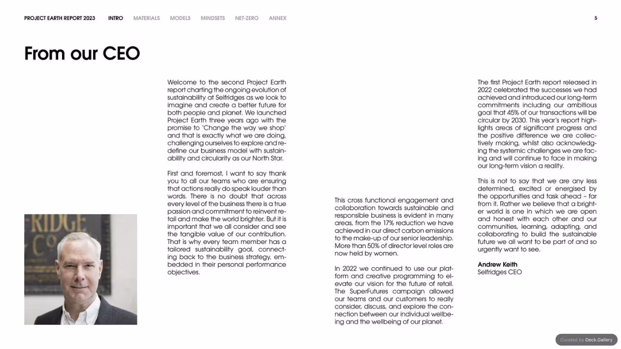 Selfridges Project Earth Report 2023, slide 5